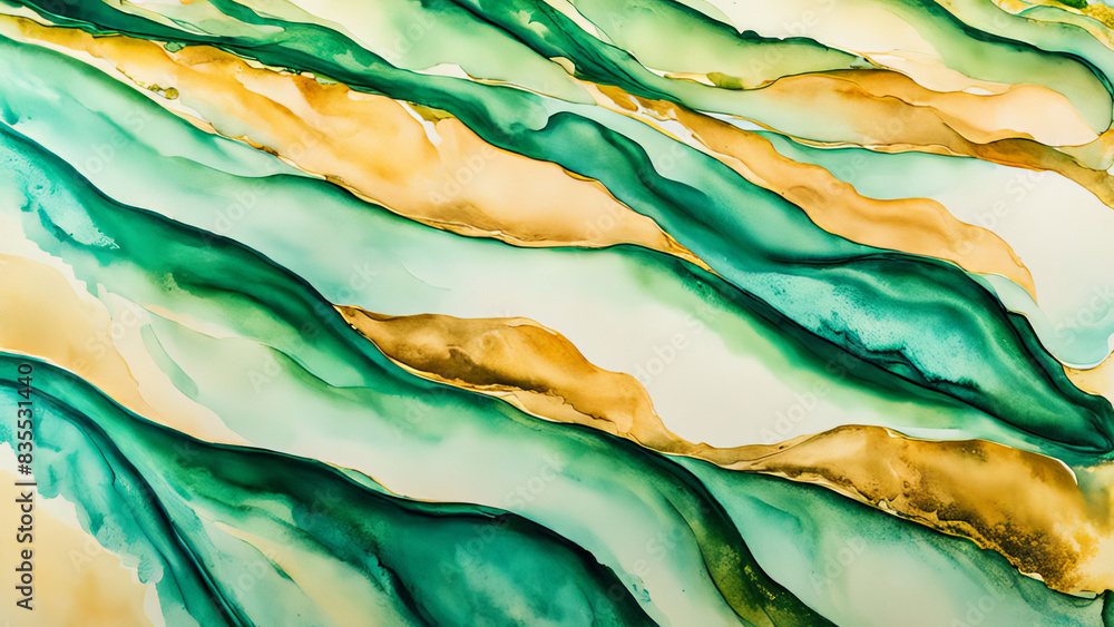 Canvas Prints abstract surface with green and gold liquid watercolor waves