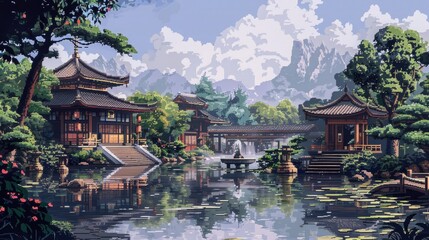 Fototapeta premium pixel art landscape featuring a serene lake surrounded by lush green trees, a small brown building, and a vibrant red flower