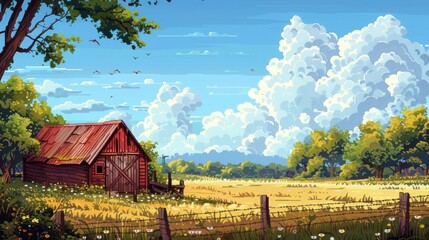 pixel art landscape featuring a red barn with a wood and red door, surrounded by green and yellow trees, under a blue sky with white clouds