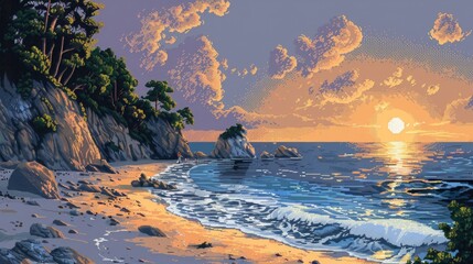 pixel art landscape featuring a green tree, blue water, and large rock, with a white cloud in the sky