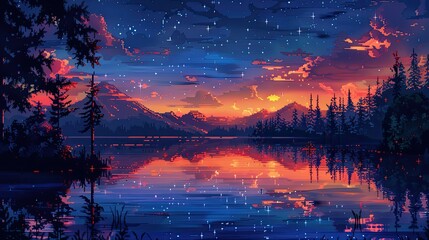 pixel art landscape featuring a serene lake surrounded by lush green trees and a majestic mountain under a clear blue sky