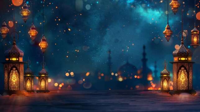 Arabic style border and lanterns on a realistic night view background.