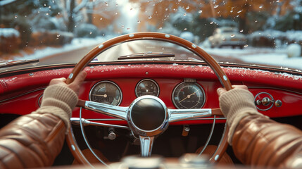Vintage Car Driving on Winter Road with Carpark Background