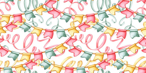 Flags and confetti in yellow, red and green colors, garland on a rope pattern watercolor illustration. Isolated from background for universal use in greetings, invitations, decor and advertising.
