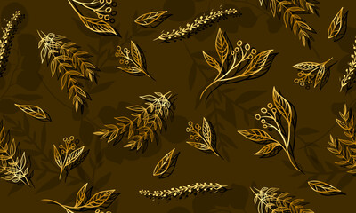 Luxury gold and nature green background . Floral leaves pattern. retro style.