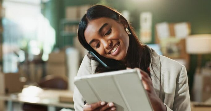 Phone call, tablet and woman in small business for shipping, distribution and talk to stock supplier. Technology, smile and Indian person in logistics startup for online order, ecommerce or delivery