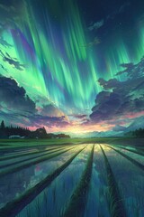 Obraz premium In the landscape, rice fields meet towering mountains, while the aurora paints the sky, creating a mesmerizing scene of natural beauty. 🌾🌄🌌