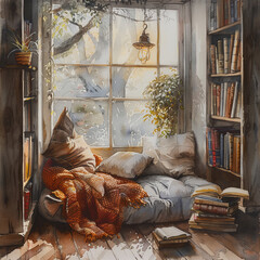 Watercolor painting of a cozy reading nook bathed in sunlight, featuring a comfortable seat, pillows, blankets, and shelves filled with books.