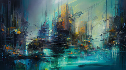 A futuristic underwater cityscape, towering structures illuminated by bioluminescent organisms, marine life weaving through the city, wide shot showcasing the architectural marvels, impressionist styl