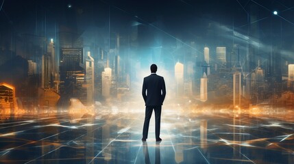 Obraz premium Business man on future network city, copy space, generative ai