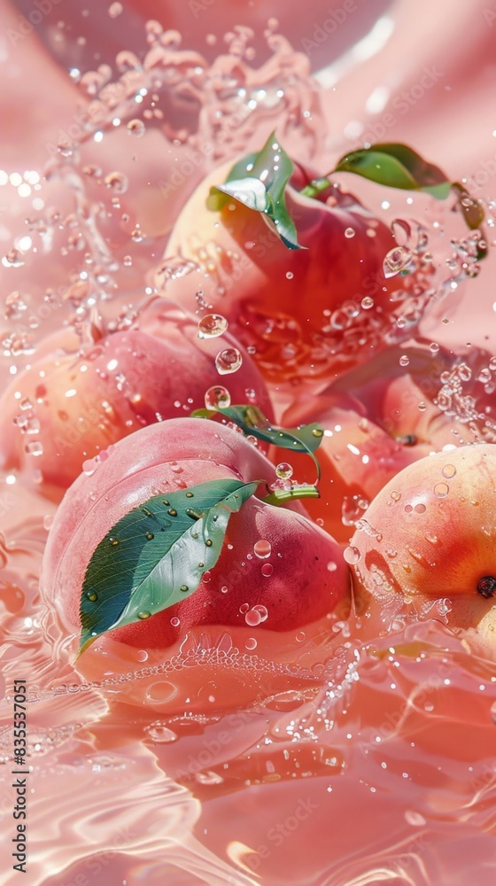 Poster peaches with vibrant red and yellow skins are splashing in water, covered with glistening droplets. 