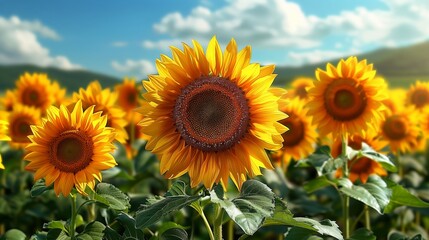 Sunflower Field in Full Bloom under Clear Blue Sky with Vast Copy Space