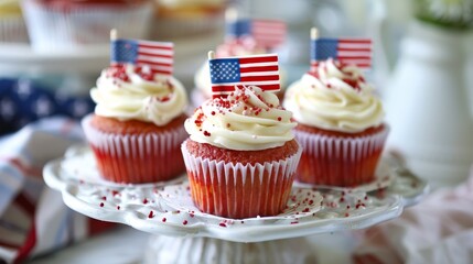 cupcakes with white icing and red, white, and blue sprinkles. There is a small American flag on top of each cupcake.