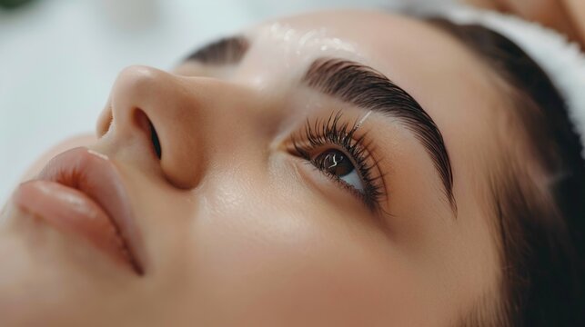 Eyelash removal procedure close up. Beautiful Woman with long lashes in a beauty salon