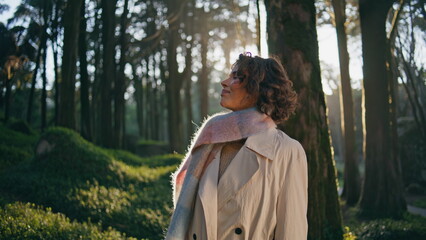 Serene woman breathing forest enjoying morning freshness closeup. Happy girl