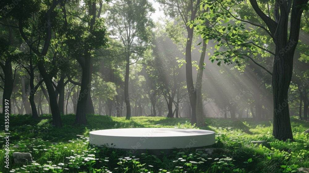 Aufkleber a circular platform is surrounded by dense green foliage and tall trees as sunlight filters through 