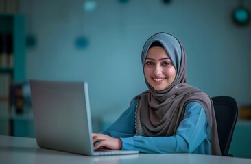 Young arab woman wearing hijab working on laptop at home or office
