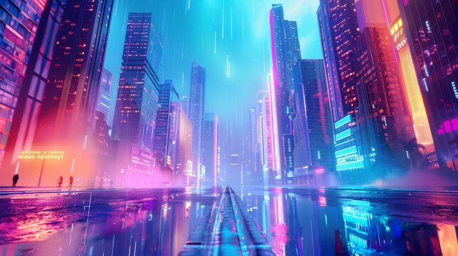 A futuristic cityscape with skyscrapers and glowing neon lights, a clear blue sky in the background, a long holographic street leading to an unknown horizon, reflecting on wet pavement, a sense of mys