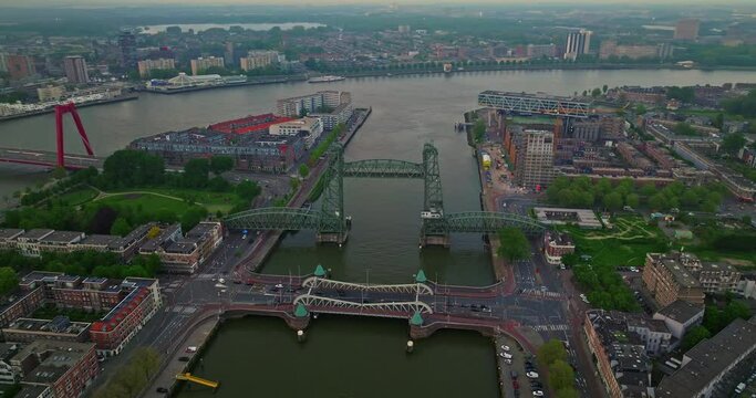 Aerial view of the Erasmus Bridge and island in the center of Rotterdam, Netherlands