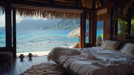 a tropical villa over looking the bright blue calm ocean waters of tahiti on the ocean, a beahtiful bedroom big comfy fluffy bed with white pillows over looking the ocean with open doors tall ceiling,
