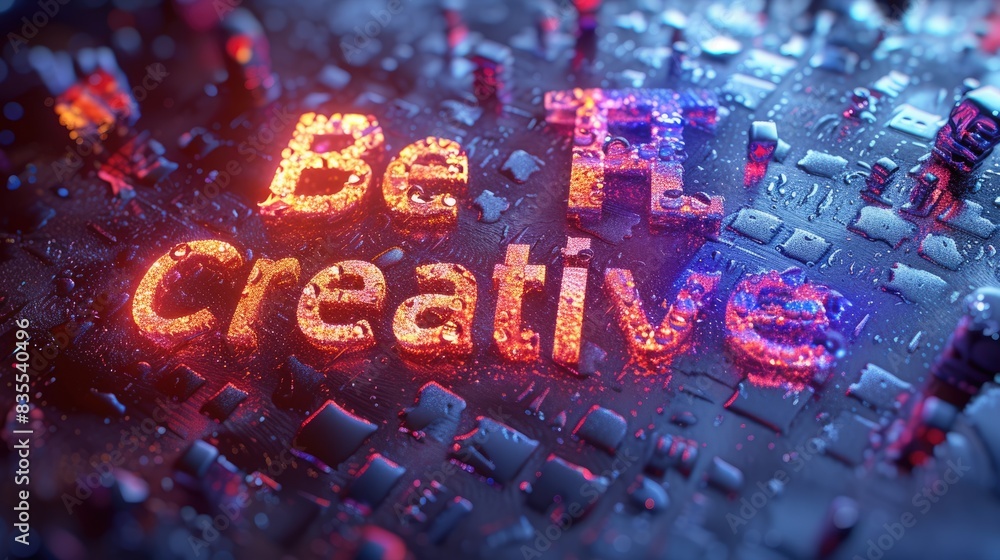 Poster the letter of be creative in variant texture with bright light neon color at shimmer colorful crysta