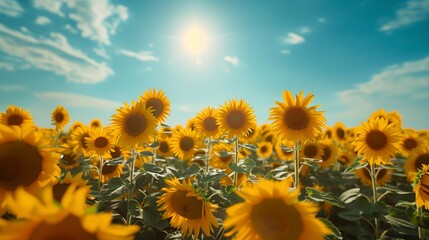 Fototapeta premium Vast sunflower field glowing bright summer sun in blue sky green leaves landscape countryside rural farmland positivity