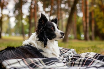 melancholy border collie sitting on plaid blanket in park gazing into distance pensive mood animal portrait