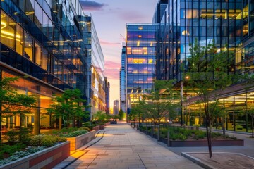 Panoramic view of a city block with several modern glass buildings, highlighting their unique architectural designs, twilight
