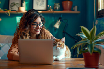 Happy Latina Hispanic Woman Working on Laptop with Cat in Home Office