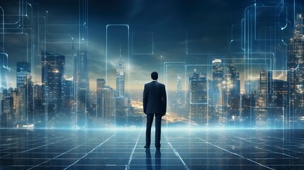 Obraz premium Business man on future network city, copy space, generative ai