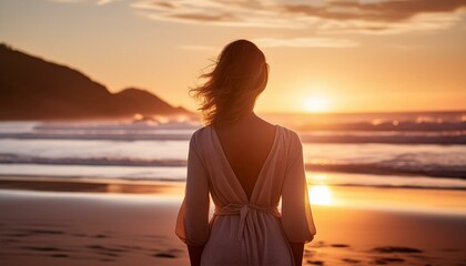 Fototapeta premium Blonde woman standing on a beach during sunset; back view; freedom and meditation concept