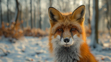 Obraz premium Red Fox in Snowy Winter Forest Staring at Camera