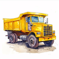 Detailed, vibrant illustration of a yellow dump truck, drawn in a watercolor style. Bright, cheerful colors and playful yet precise details, making it suitable for a child products