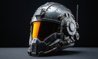 Fototapeta premium Promotional Design, Futuristic Sci-fi Helmet with Orange Visor, Armor, Costume, Gaming Concept