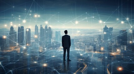 Obraz premium Business man on future network city, copy space, generative ai