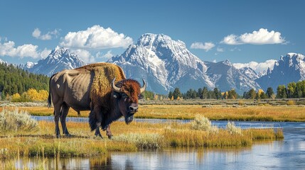 A powerful bison stands dominantly, with the impressive Mount Moran and a reflective water body enhancing the scene