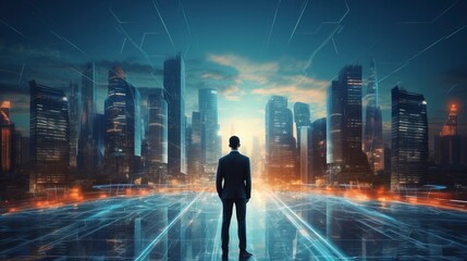 Obraz premium Business man on future network city, copy space, generative ai