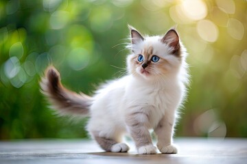 Cute little Ragdoll kitten standing on blurred background