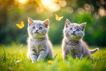 2 cute little British Shorthair kittens playing with butterflies on natural blurred background.