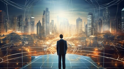 Obraz premium Business man on future network city, copy space, generative ai
