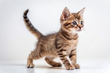 Cute little Napoleon kitten standing on simple white background