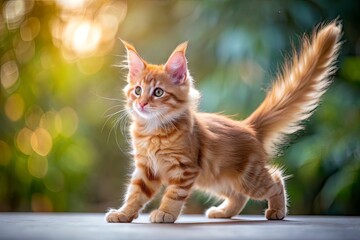 Fototapeta premium Cute little ginger Maine Coon kitten standing on blurred background