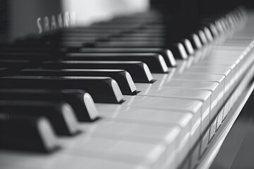 Close up of black and white piano keyboard musical instrument keys in monochrome grayscale