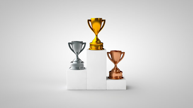 Gold, silver, and bronze, first, second, and third place trophies on risers 3d illustration