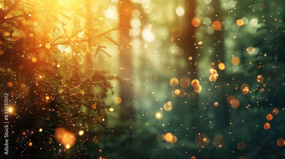 Poster abstract image with blurred light burst in forest and sparkling bokeh lights