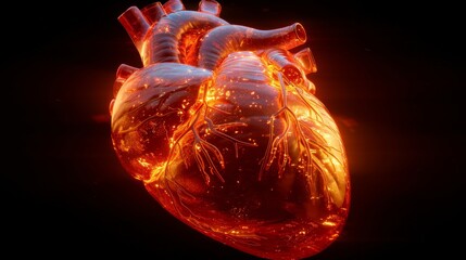 Realistic glowing human heart illustration on dark background