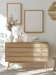 Light living room interior dresser and shelf with art decoration, mockup frames