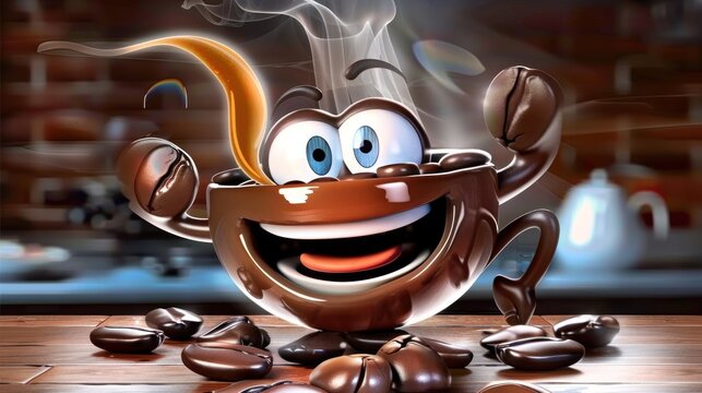 Adorable java joy: 3d cute cartoon happy coffee bean character with steam - bringing a smile with a delightful of a cheerful coffee bean, emanating steam from a brimming cup.