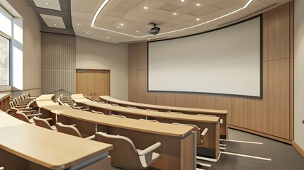 Beige and gray lecture hall corner with projection screen