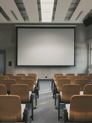Beige and gray lecture hall corner with projection screen